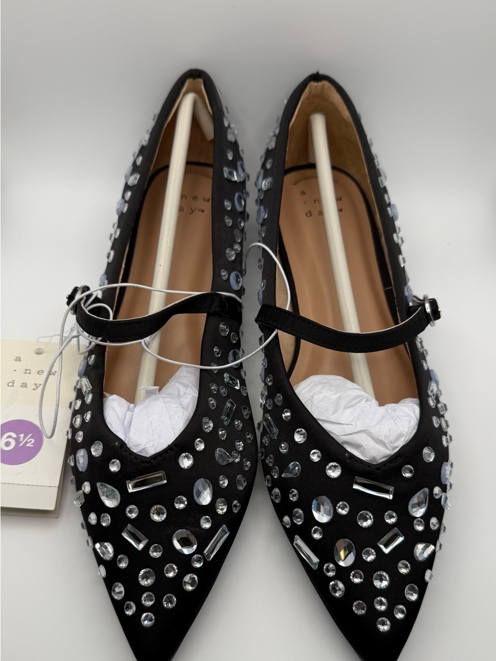 a new day Black Pointed Mary Jane Flats with Crystal Embellishments
